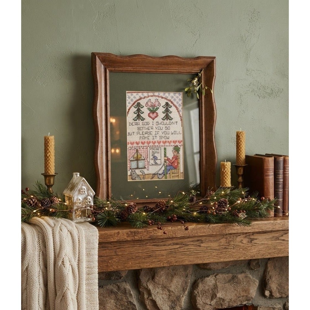 Vintage Framed Cross Stitch Sampler Dear God Make It Snow Winter Folk Art 10x12